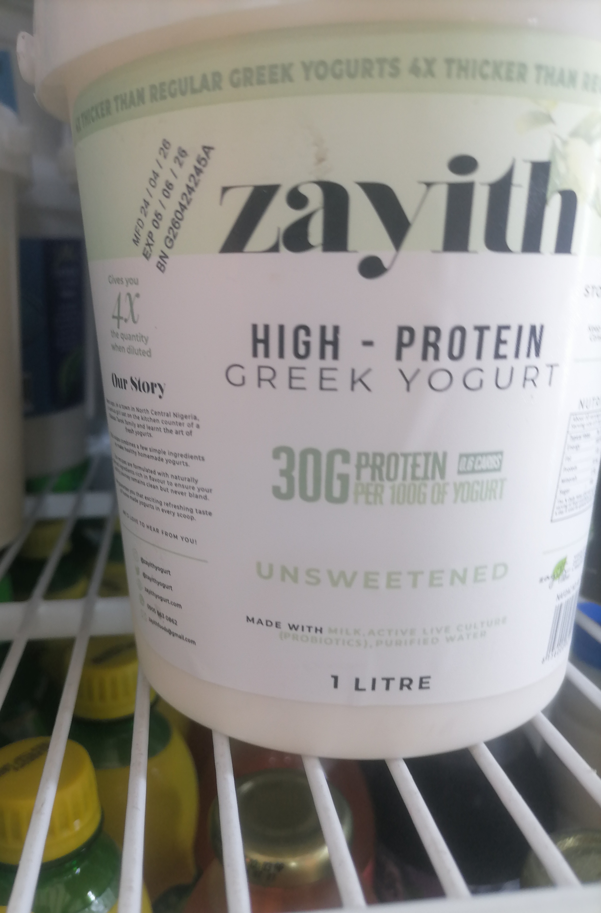 Zayith high Protein Greek yogurt unsweetened 1L